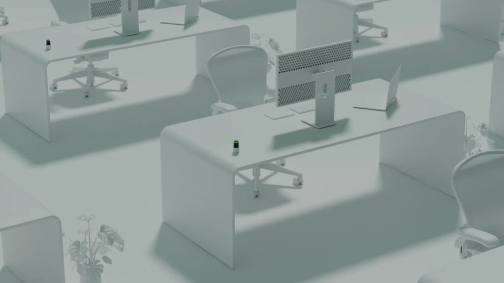 Escritório moderno, com estética clean minimalista. Com soluções de gestão de espaço da Skedway.