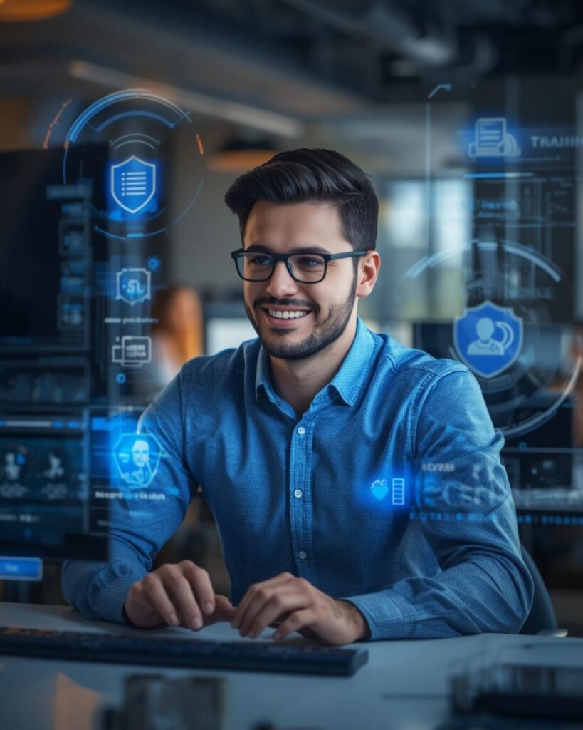 Cena: Homem de óculos no computador, hologramas de IA/ Segurança/ Games e Jogos Sérios/ Gameficação - Profissional de TI sorrindo em frente ao computador, cercado por interfaces de realidade aumentada azuis que mostram ícones de escudos de segurança cibernética, análise de perfil de usuário e processamento de dados por Inteligência Artificial.