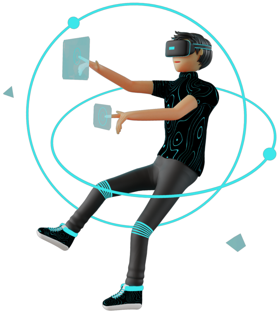 Cena: Personagem 3D cartoon flutuando e tocando painéis - Ilustração 3D de um personagem estilizado usando óculos de realidade virtual, flutuando em um espaço abstrato e interagindo com painéis de interface de usuário flutuantes através do toque.