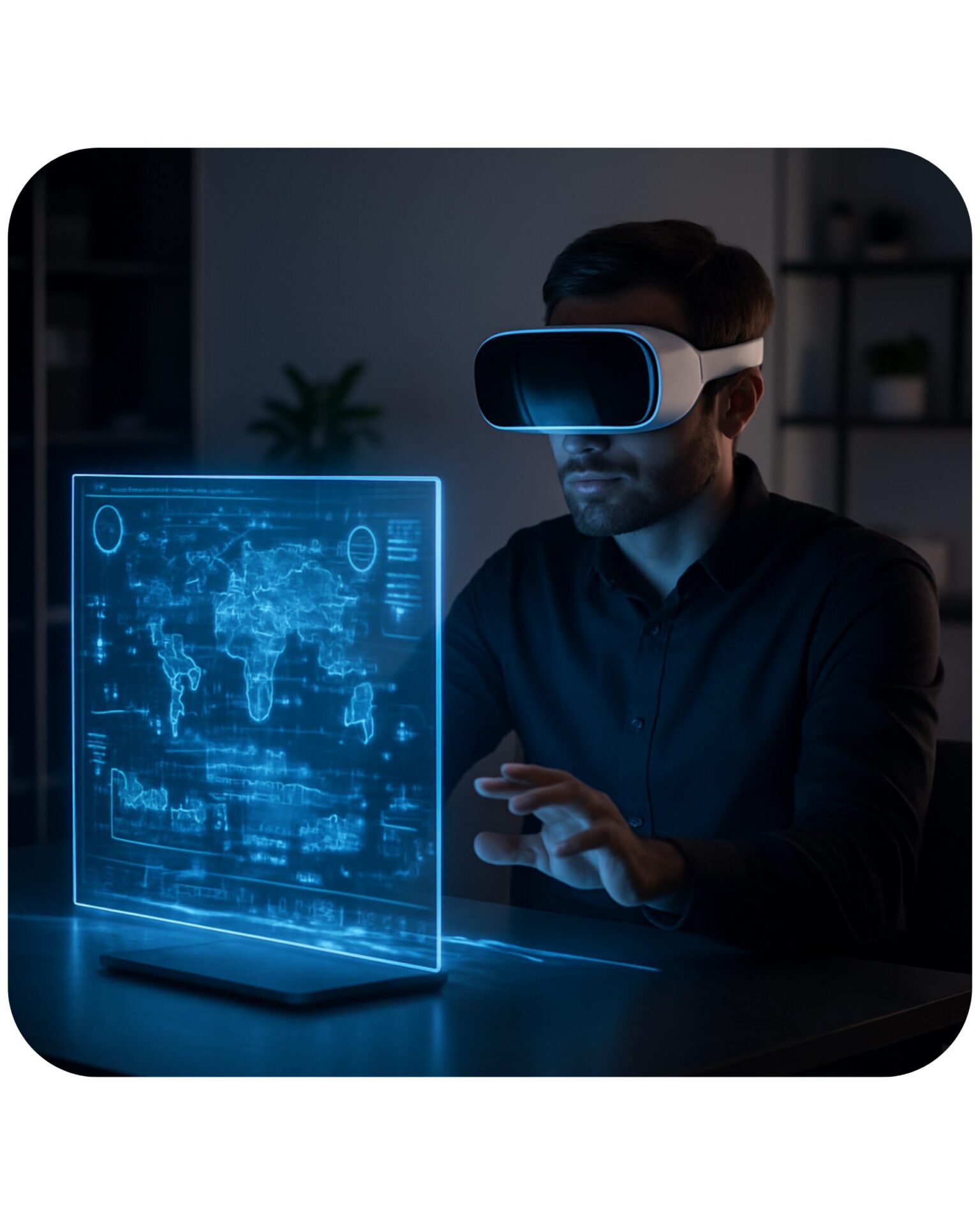 Cena: Homem no escuro, headset, holograma de mapa azul - Homem em ambiente escuro utilizando um headset de realidade virtual, interagindo com uma interface holográfica azul brilhante que projeta um mapa-múndi e painéis de dados complexos à sua frente.