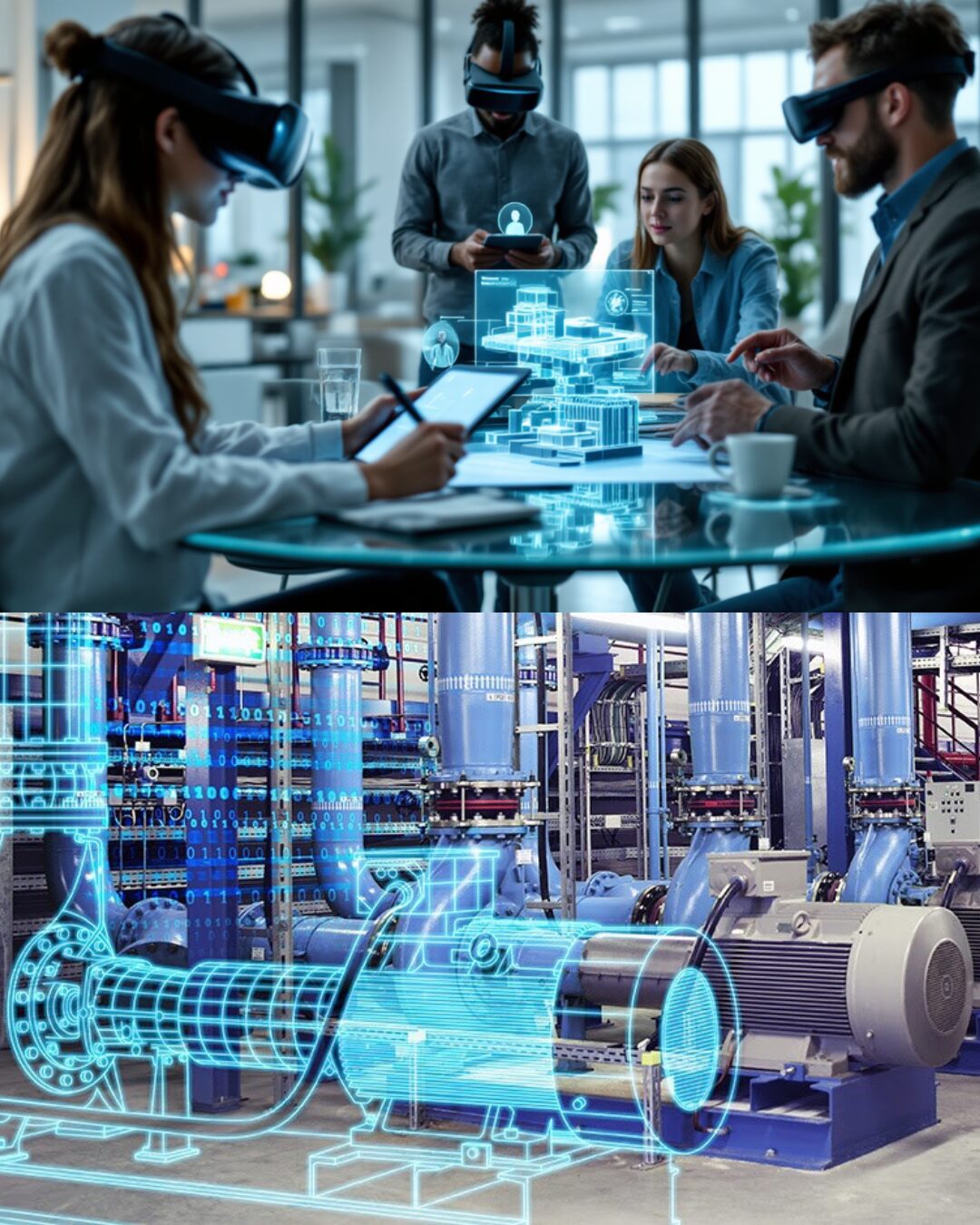Cena: Dividida. Topo: Reunião com holograma de prédio. Base: Bomba industrial com wireframe digital - Imagem dividida. Parte superior: equipe em reunião usando headsets de RA analisa um modelo holográfico de edifício sobre a mesa. Parte inferior: motor industrial azul com uma sobreposição digital de wireframe (Gêmeo Digital) destacando componentes internos.