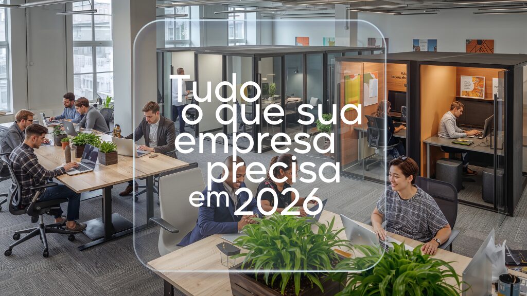 Ambiente corporativo moderno com equipes trabalhando, representando inovação, tecnologia, colaboração e soluções estratégicas para empresas preparadas para 2026.