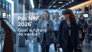 Debate NRF 2026: inteligência artificial, experiência humana e sustentabilidade no futuro do varejo Painel de especialistas debatendo inteligência artificial, experiência do cliente e impacto ambiental no varejo durante a NRF 2026