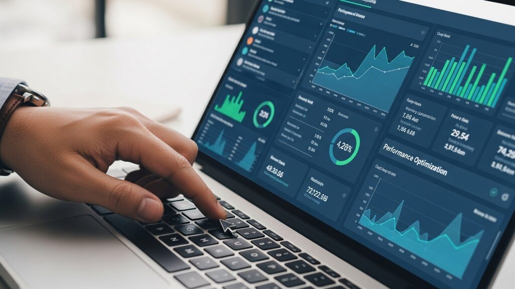Dashboard de monitoramento de TI com análise de dados, performance e governança tecnológicaPainel de analytics mostrando métricas de performance, consumo e governança de TI. Representa monitoramento inteligente da infraestrutura, otimização de custos e tomada de decisão orientada por dados. 