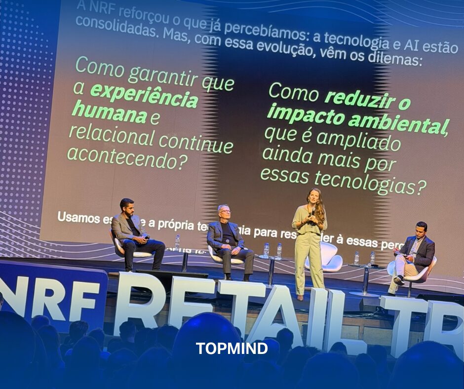 NRF 2026: Experiência imersiva no varejo com realidade virtual e inteligência artificial.Pessoas testando realidade virtual em loja inteligente durante a NRF 2026, demonstrando o futuro do varejo com experiências imersivas, IA e digitalização do ponto de venda