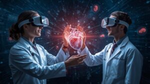 Realidade Virtual no ensino m&eacute;dico com modelo 3D do cora&ccedil;&atilde;o humano Realidade virtual aplicada ao ensino m&eacute;dico com visualiza&ccedil;&atilde;o 3D do cora&ccedil;&atilde;o humano, tecnologia que transforma a educa&ccedil;&atilde;o em sa&uacute;de e a aprendizagem anat&ocirc;mica. M&eacute;dicos utilizando realidade virtual para estudar anatomia do cora&ccedil;&atilde;o humano em modelo 3D em ambiente de educa&ccedil;&atilde;o m&eacute;dica digital.
